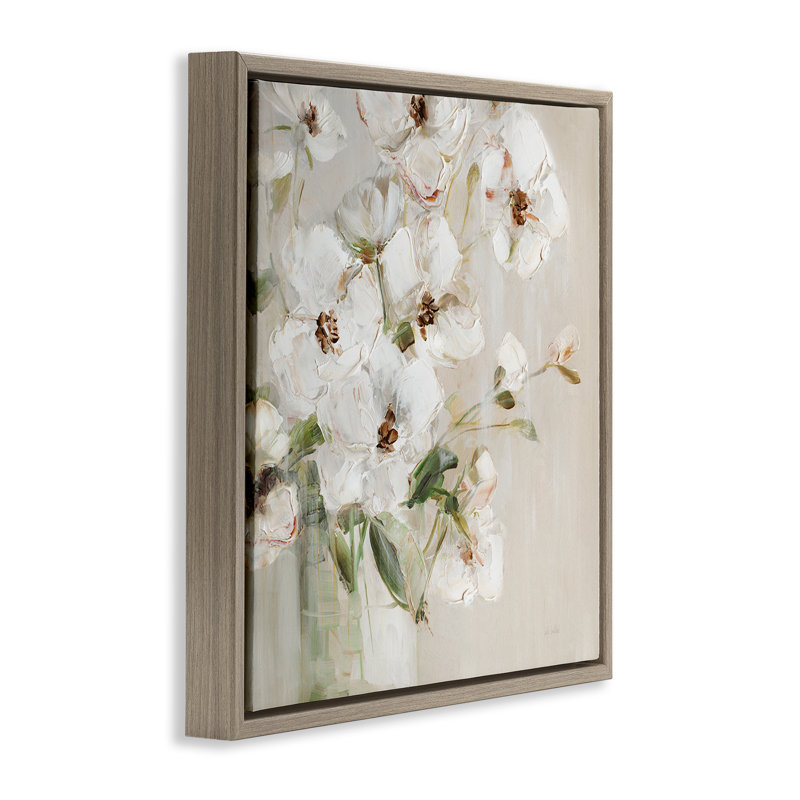  «Simple Blossoms on Beige» par Sally Swatland, H 18 po x l 18 po, Cadre flottant orme Montalcino