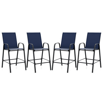 4PCS Outdoor Bar Stools 29'' Fabric Bar Height Stools w/ Armrests & Footrest Navy