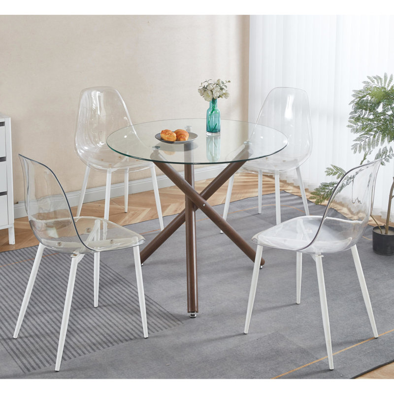 Table de salle à manger moderne en verre trempé avec pieds en métal noyer