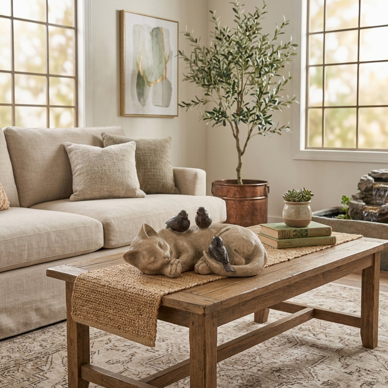 12-inch White and Brown Sleeping Kitty With Birds - Polyresin and Metal Garden Statuary for Decor