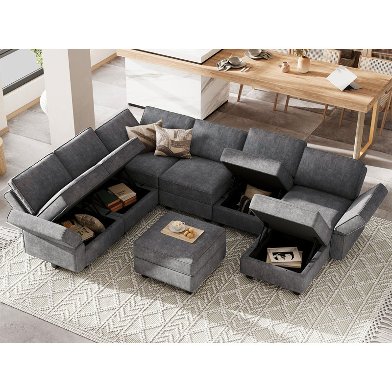 Kimbrel 116.6" Wide Reversible Modular Corner Sectional with Ottoman, Dark Gray 100% Polyester