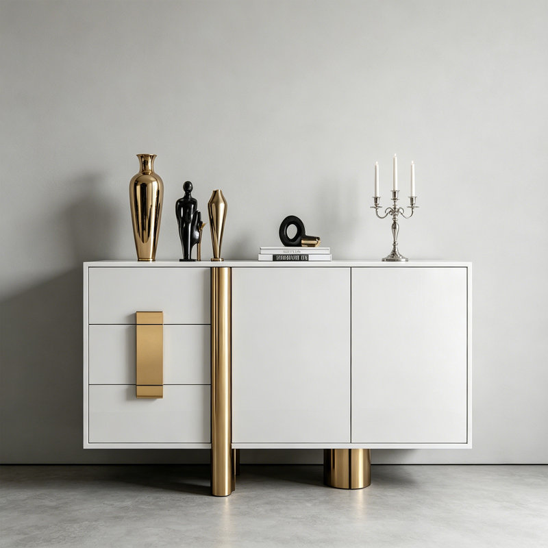 Armoire d'entrée de style italien de luxe, H 35,43 po x l 47,24 po x P 15,75 po, Or / blanc / blanc grisâtre