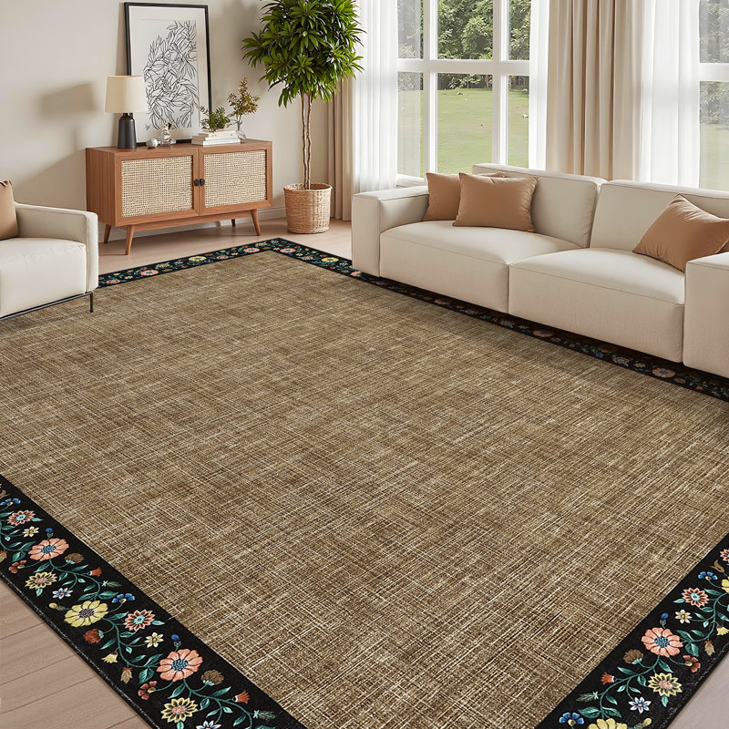 Washable Living Room Rug Floral Bordered Area Rugs Soft Thin Indoor Carpet for Bedroom Modern Throw Aesthetic Mat Non Slip Stain Resistant Carpet for Dining Room Office