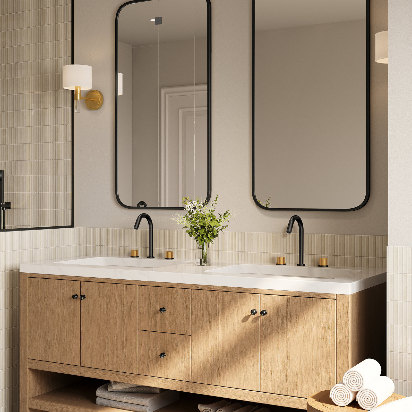 Widespread Bathroom Faucet, 3 Hole Bathroom Sink Faucet with Drain Assembly , Matte Black/Brushed Gold