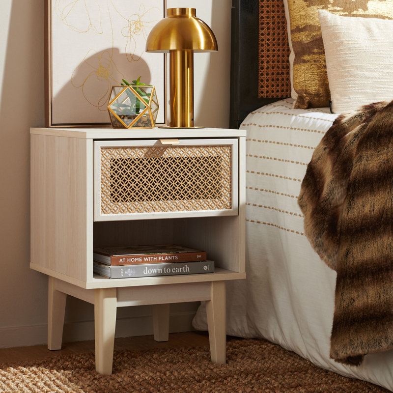 Cura 1 - Drawer Nightstand, Bleached White / Gold Mesh