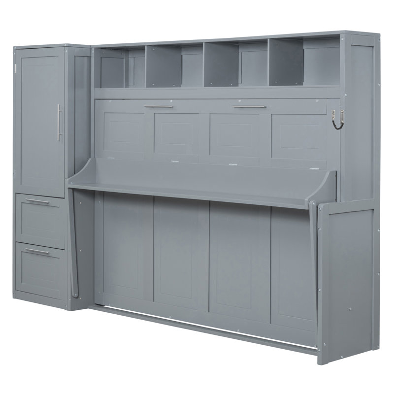 Grand lit escamotable mural avec placard et tiroirs, Gris