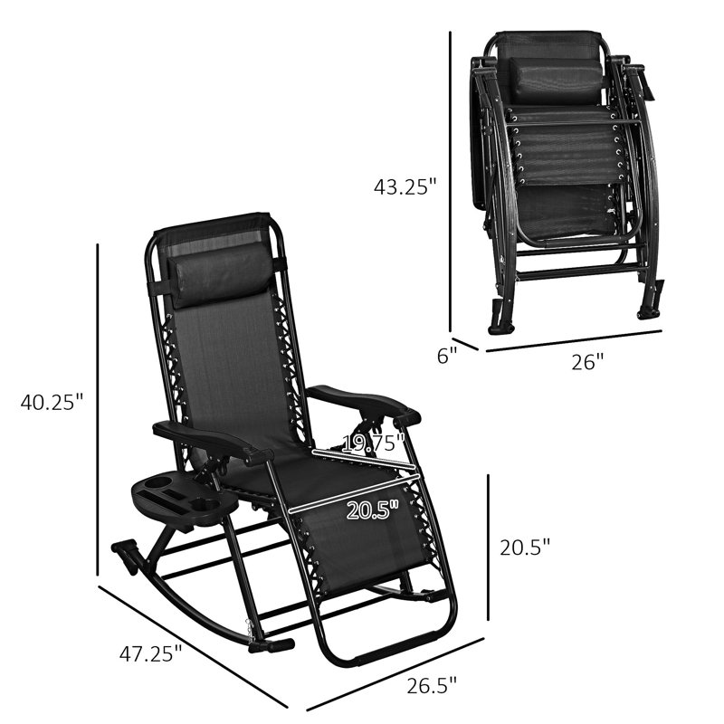 Outdoor Rocking Chairs Foldable Reclining Zero Gravity Lounge Rocker Set Of 2, Black, 2