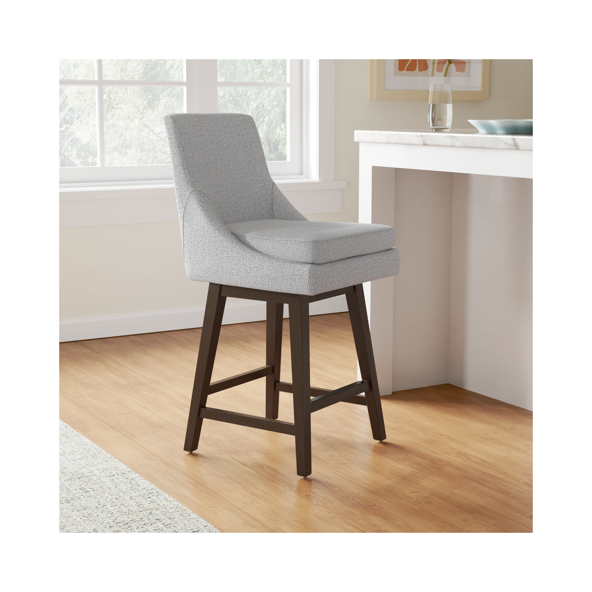 Zahara Upholstered Swivel Counter Stool, Nathan Gray Heathered/Walnut, Counter Stool (26” Seat Height)