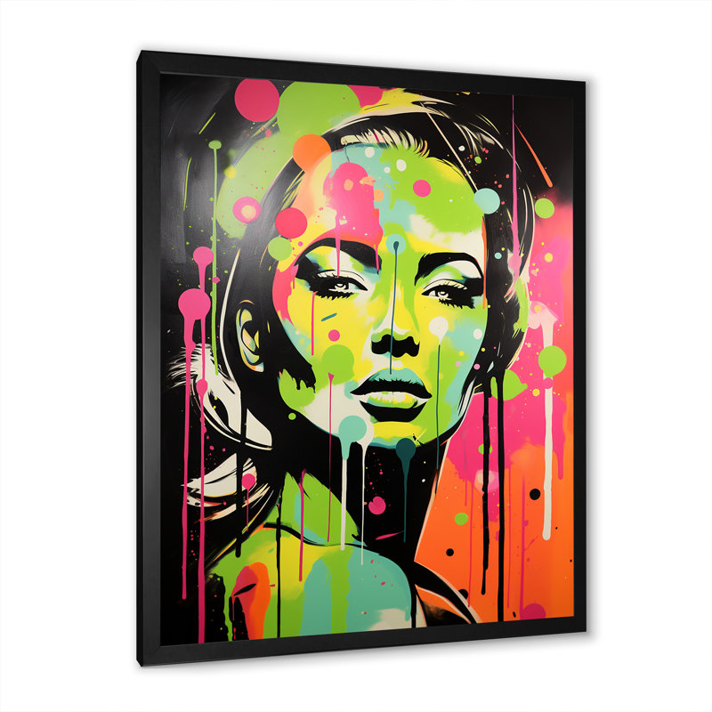«Green and Pink Graffiti Woman Portrait I», art mural moderne femme, Cadre simple noir, H 32 po x l 24 po x P 1 po