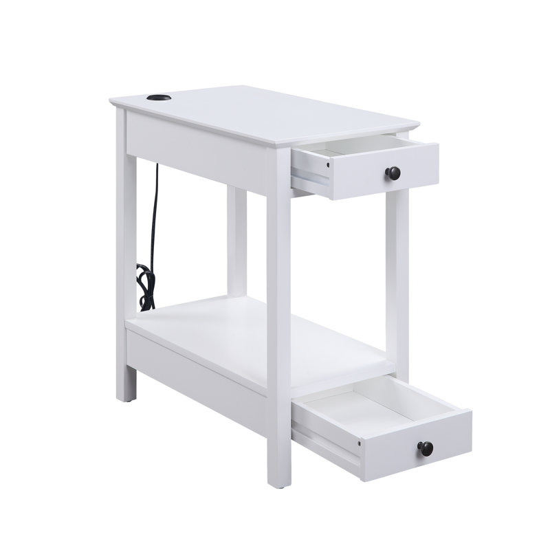 Table d'appoint Byzad White avec ports de chargement USB - Table d'appoint moderne avec 2 tiroirs et compartiment de rangement ouvert