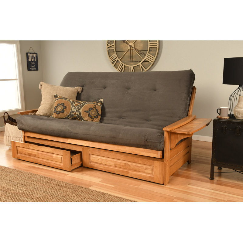 Futon avec rangement Stratford, Microsuède gris, Noyer cendré
