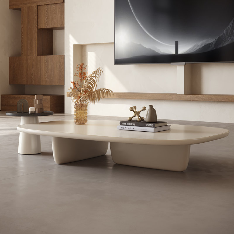 Rudina Modern Oval Coffee Table Set, Large Living Room Table with Small Round Ash Wood Veneer Side Table