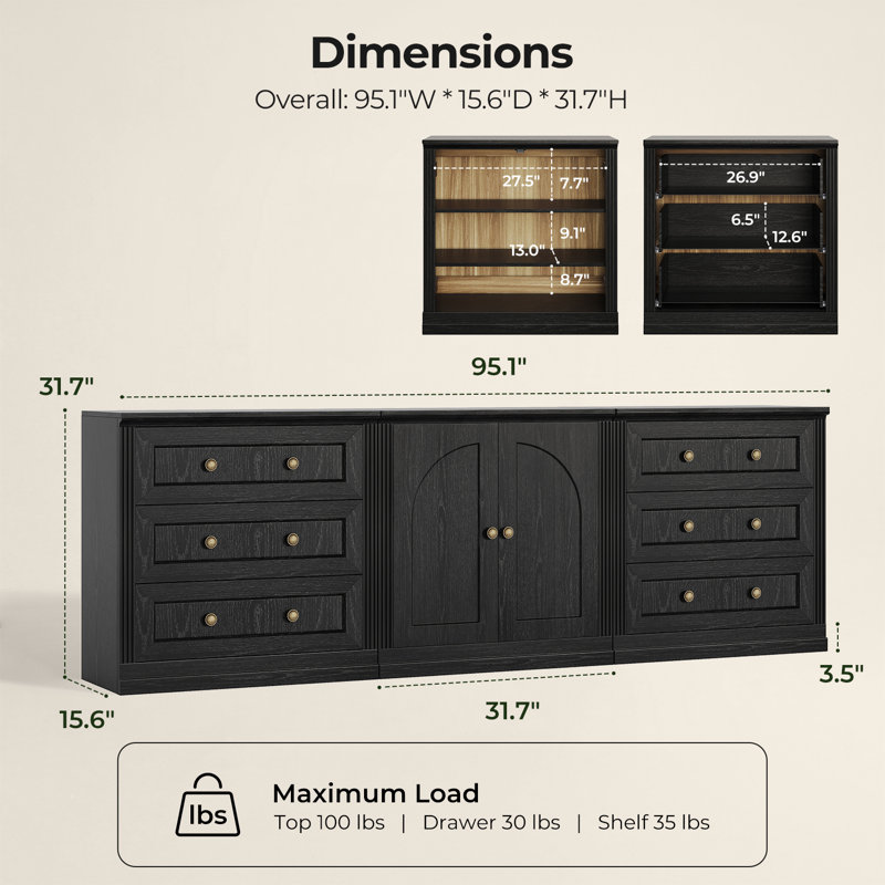 Buffet modulaire moderne Monos Eduarda avec deux tiroirs bas et un meuble de rangement à portes à charnières, noir, Black