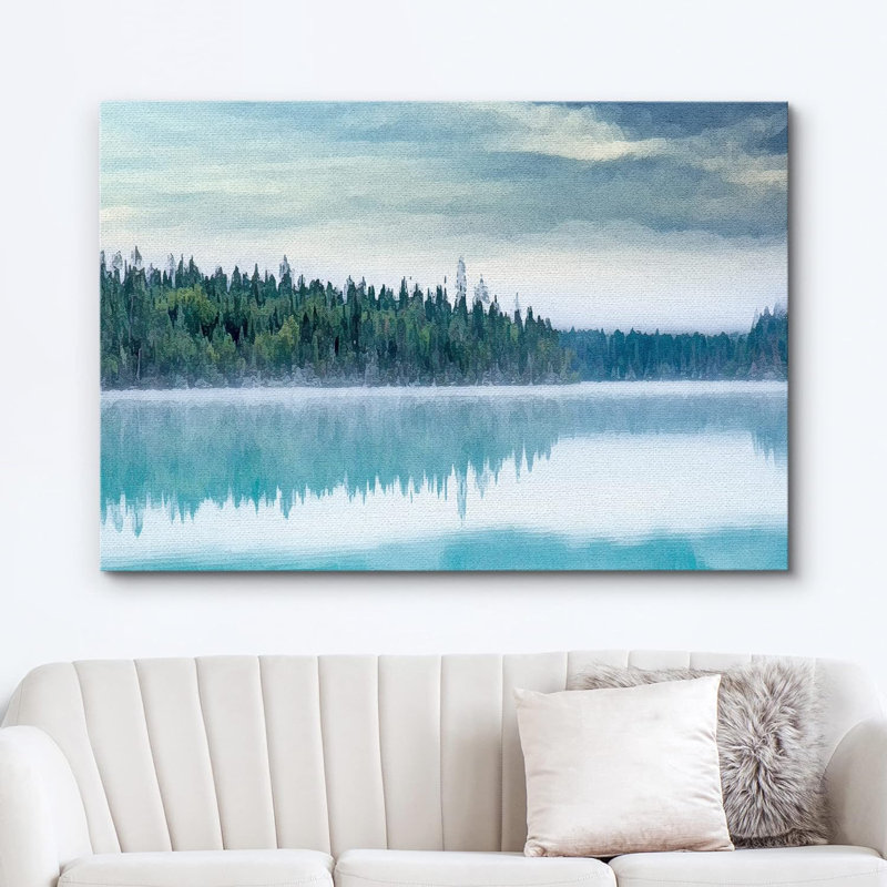 Nature, paysage, aquarelle, forêt et lac, réflexion, paysage, nature sauvage, sur toile, H 32 po x l 48 po x P 1,5 po
