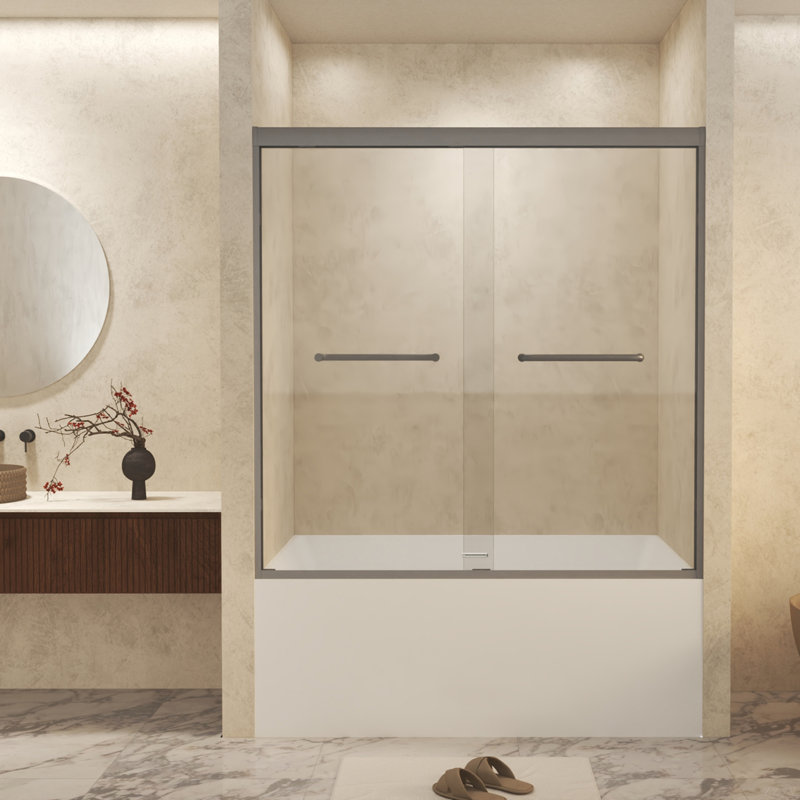 Tempered Glass With Explosion Proof Film, Aluminum Frame Double Sliding Shower Door, "1/4 (6 Mm), Stainless Steel Handle,Gun Ash