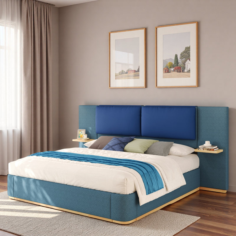 Lit plateforme tapissier avec tablettes, Bleu, Grand lit