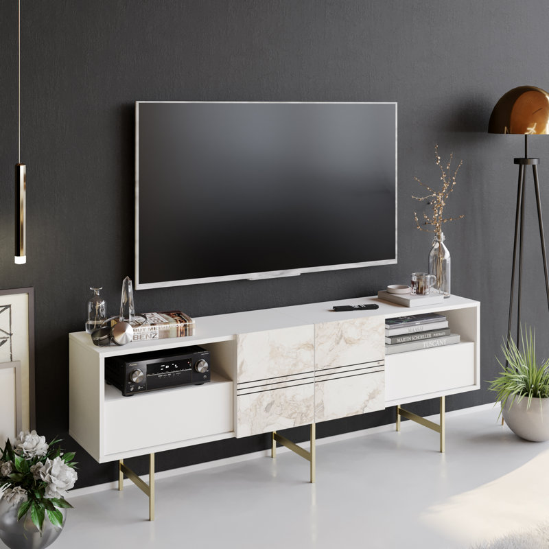 Meuble télé 71 po Slattery pour téléviseur de 78 po ou moins, Blanc / Doré