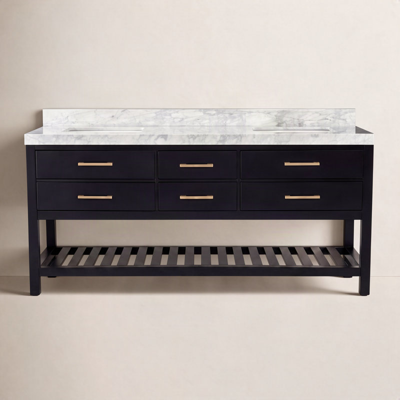 Carrie 72'' Double Bathroom Vanity with Carrara Marble Top, Black Onyx | Brushed Gold