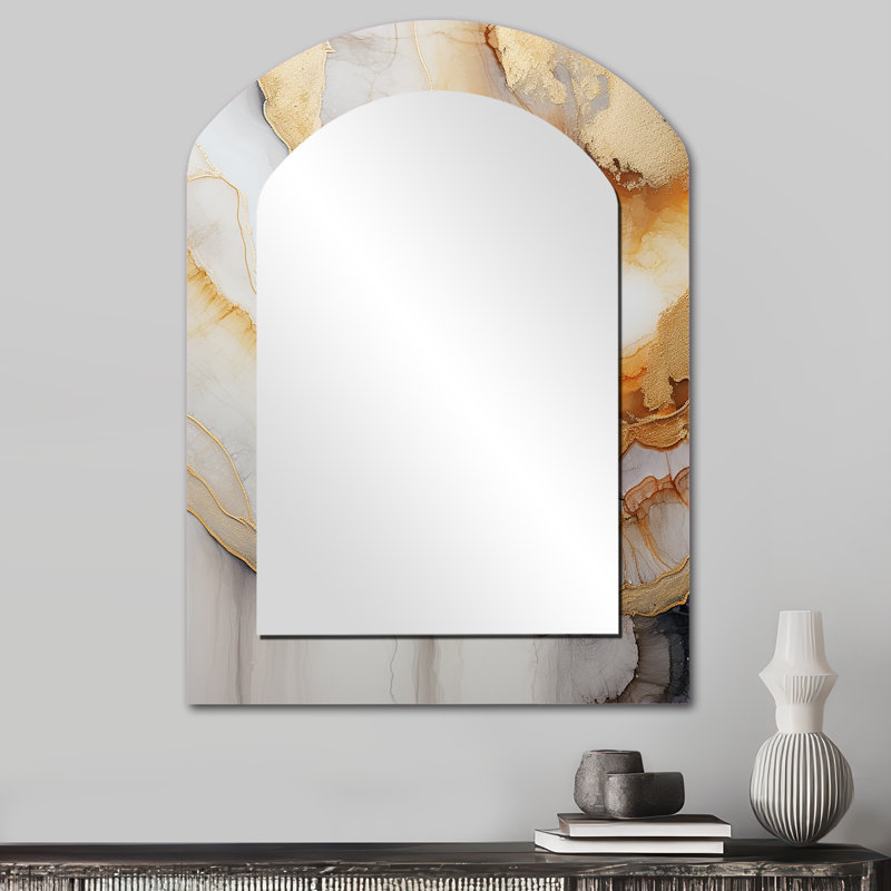Beige And Orange Minimalism Stone Geode I - Stone Geode Asymmetrical Wall Mirror, Beige Arch Decorative Mirror, Printed Metal Art