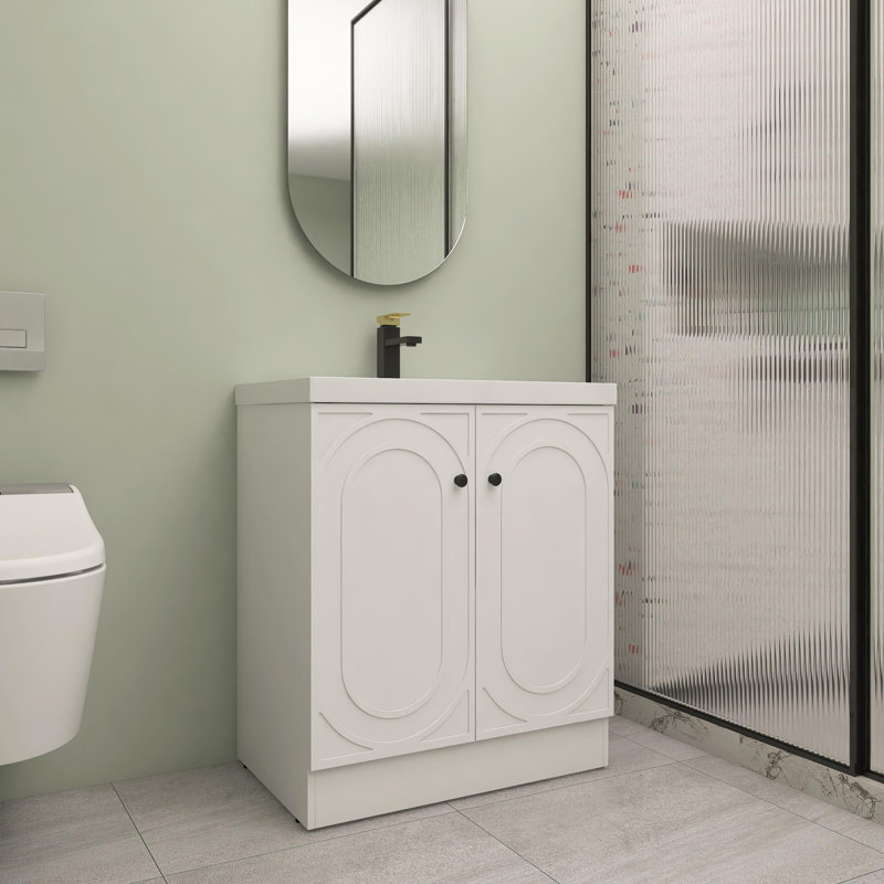 Meuble-lavabo autoportant de 30 po avec lavabo en résine blanche et 2 portes d'armoire à fermeture en douceur, Blanc, Noir