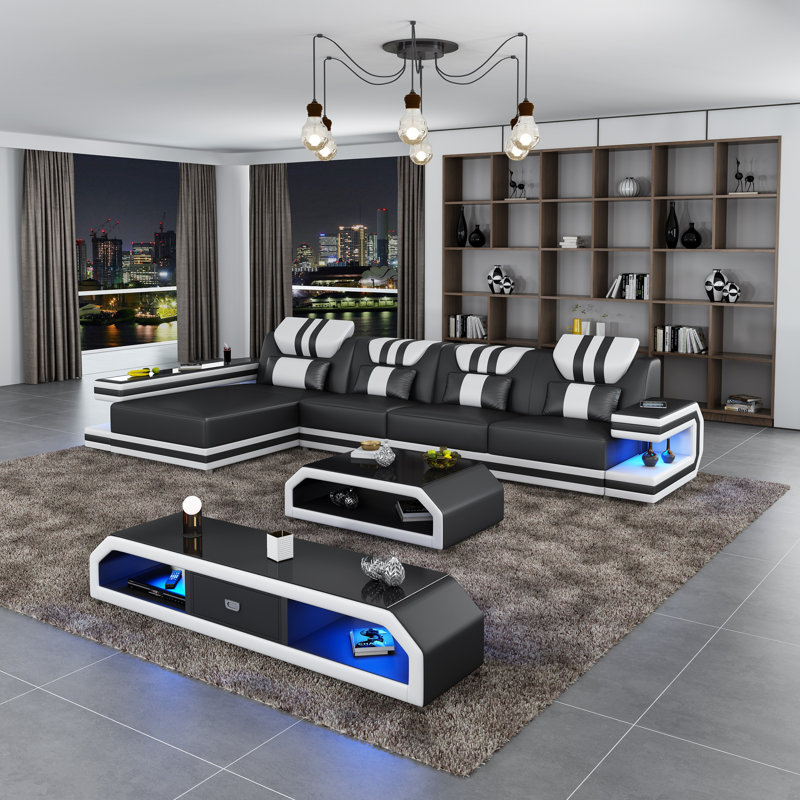 Lightspeed Modular Sectional, Black/White Genuine Leather, Left Hand Facing