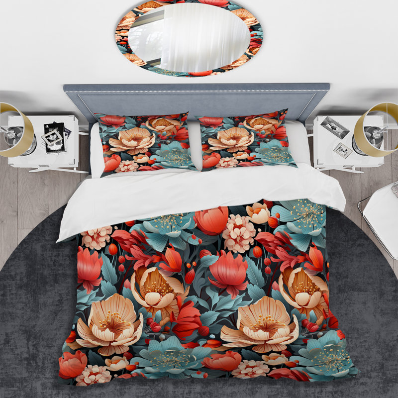 Ensemble de housse pour couette, Housse de couette grand et 2 taies décoratives, Nostalgia Vintage Floral Pattern I
