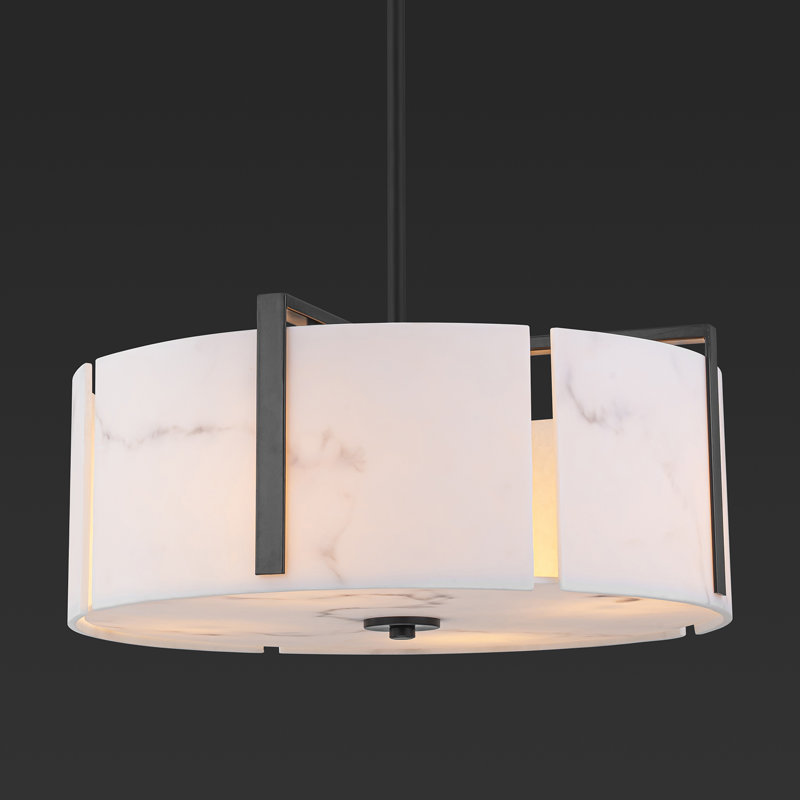 Lustre tambour 4 lumières albâtre naturel, Noir mat