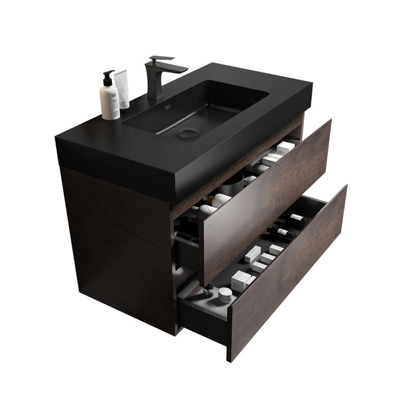 Meuble-lavabo de 91 cm en noyer - Style moderne, grand espace de rangement, finition élégante et silencieuse, lavabo noir inclus.