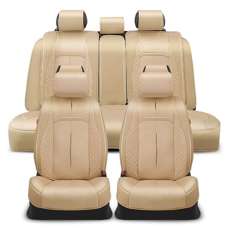 Voris Series Seat Covers Full Set With Headrest, Airbag Compatible, Reserved Opening Holes, Universal For Cars, Beige