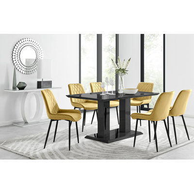 Eubanks High Gloss Double Pillar Dining Table Set with 6 Luxury Velvet Upholstered Dining Chairs