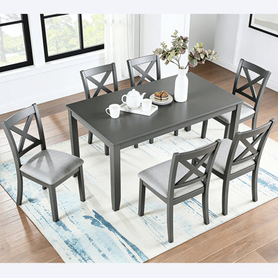 7 tables de salle à manger en bois massif de 58,5 pouces, table rectangulaire de 58,5 pouces avec 6 chaises rembourrées, gris, sièges confortables et amovibles, assemblage facile, chaleur et chaises pour la pièce, configuration, tissu respirant, capacité de 330 lb