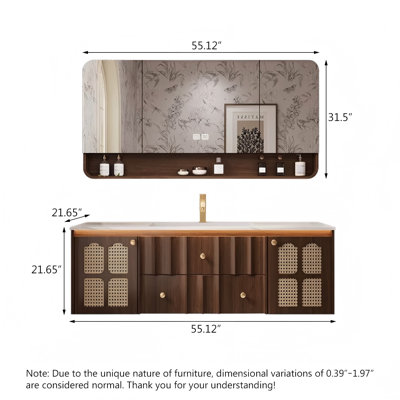 Rubberwood Bathroom Vanity with Sintered Stone Countertop, Integrated Ceramic Sink & Smart Mirror Cabinet
