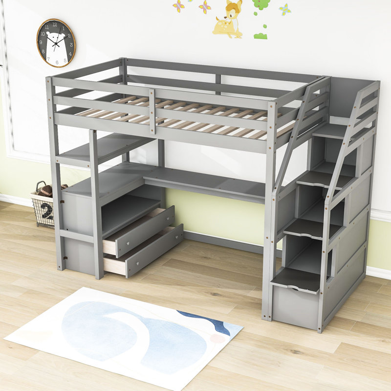 Helmuts Kids Loft Bed with Drawers, Twin, Gray