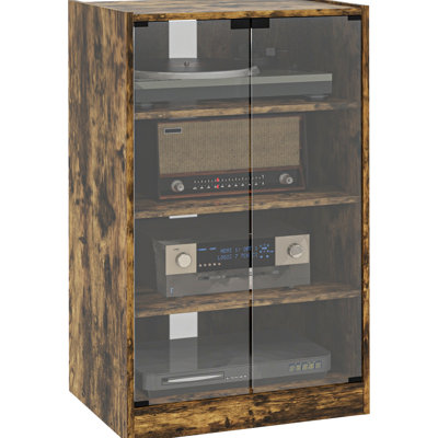 Armoire 4 médias en brun rustique - support réglable pour tablettes, portes en verre trempé, console de jeu, ordinateur portable, bibliothèque stéréo pour livres, brun, tablettes, portes