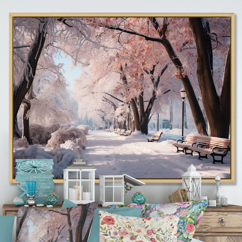 «Pink Snowy Park Floral Canopy», art mural sur toile, Cadre flottant brun, H 12 po x l 20 po x P 1 po