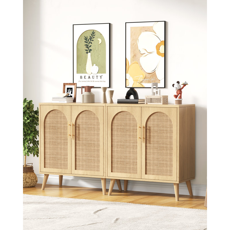 Ensemble de 2 armoires de rangement décoratives avec portes décoratives en rotin, buffet armoire avec tablette réglable, armoire à crédence pour salle à manger, salon, cuisine