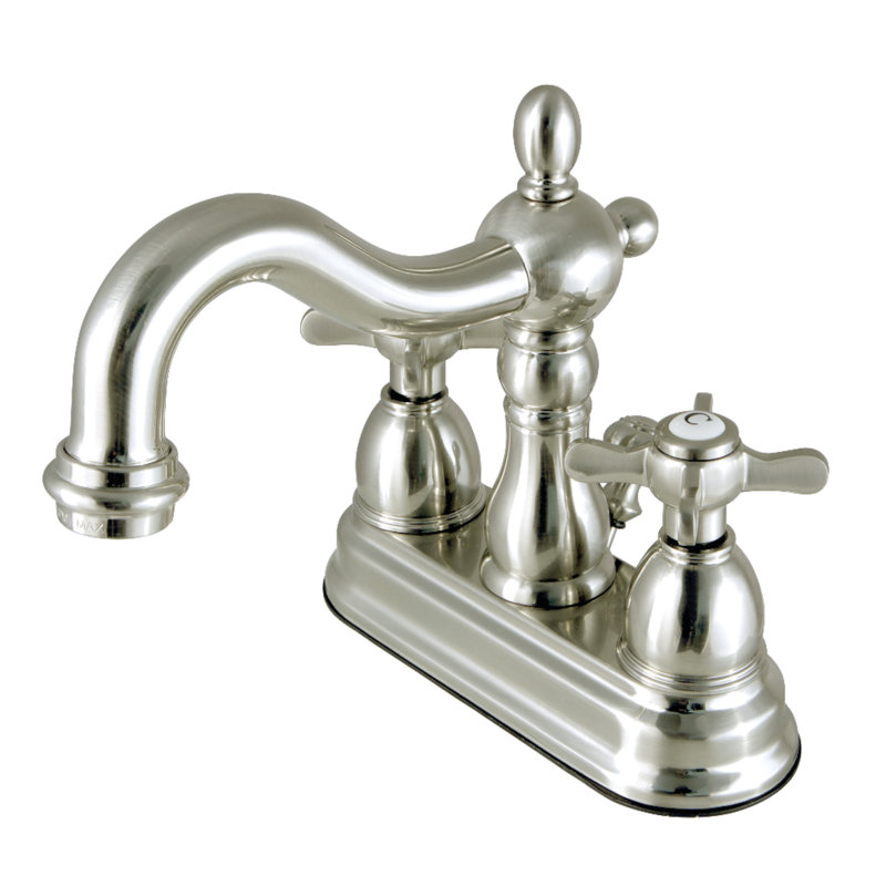 Kingston Brass Essex Two-Handle 3-Hole Deck Mount 4" Centerset Bathroom Faucet with Plastic Pop-Up, Brushed Nickel