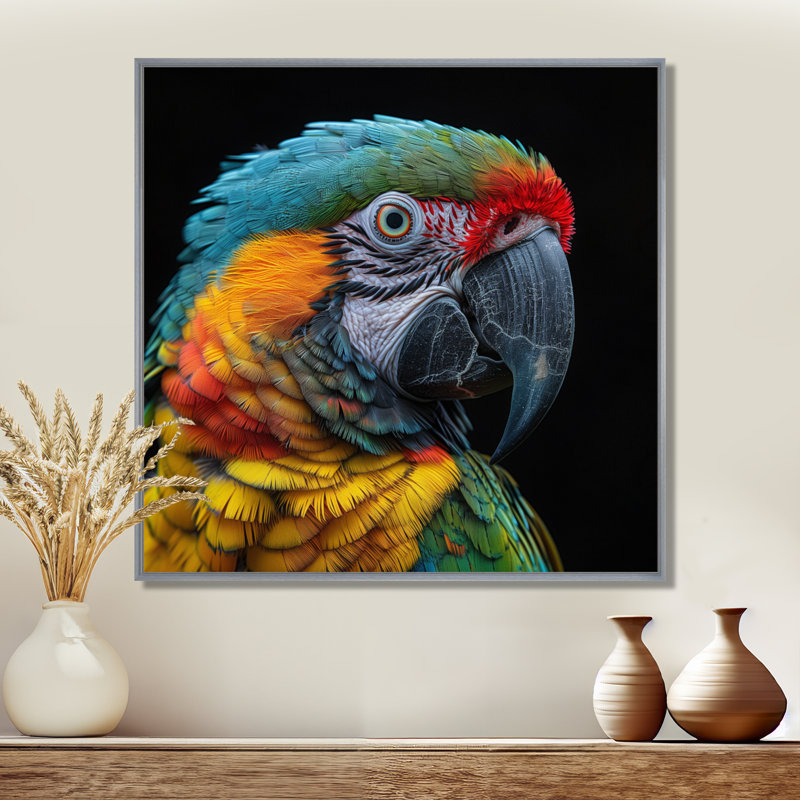 Portrait de perroquet vert et jaune sur fond noir - art mural perroquet, White Picture Framed, H 30 po x l 30 po