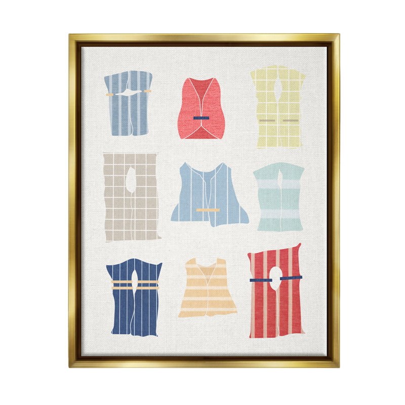 Modern Life Jackets encadré sur toile par Lil 'Rue, H 31 po x l 25 po x P 1,7 po, Cadre flottant métallique doré