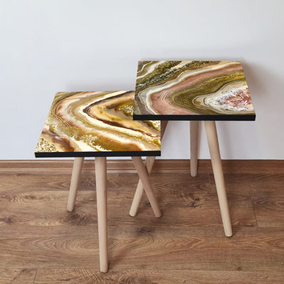 Ensemble de 2 tables gigognes élégantes en marbre, conception abstraite, 13,8 x 18,5 x 13,8 pouces et 13,8 x 16,5 x 13,8 pouces | 100% panneau de fibres à densité moyenne avec des pieds en bois de hêtre, robuste et élégant pour le salon, décoration intérieure moderne