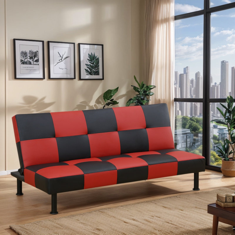 Convertible Faux Leather Living Room Sofabed, Black/Red