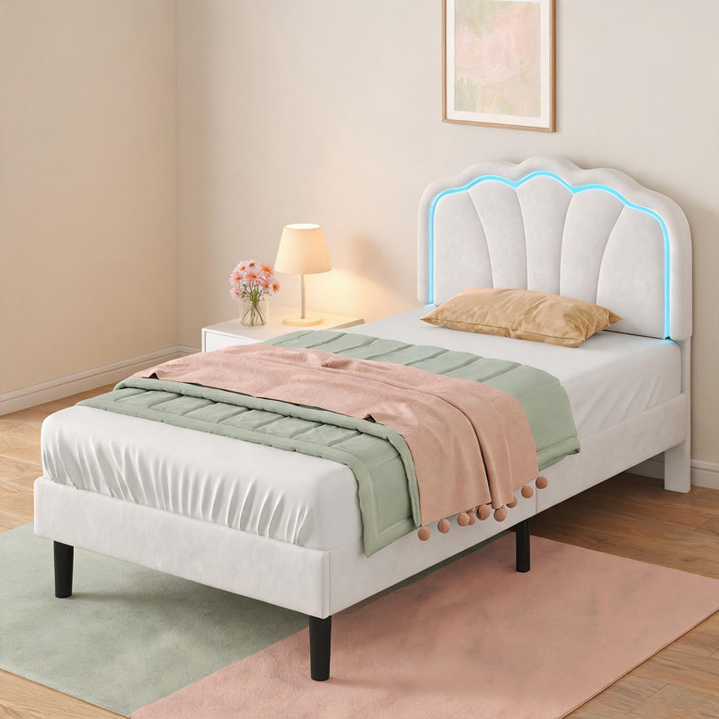 3ft Single Upholstered Bed with LED Adjustable Shell Headboard, Soft Velvet Bed Frame, Solid Wood Slats, No Box Spring Needed, Easy Assembly, Cream White, 90x190cm