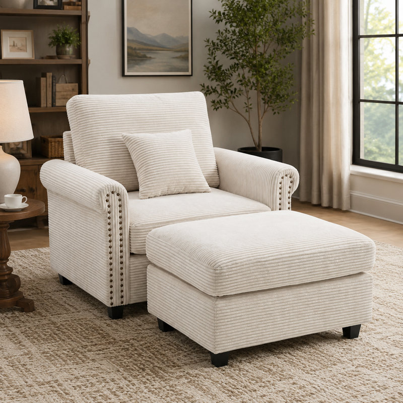 42" Wide Corduroy Accent Chair and Ottoman Set with Rolled Arms and Nailhead Trim, Beige