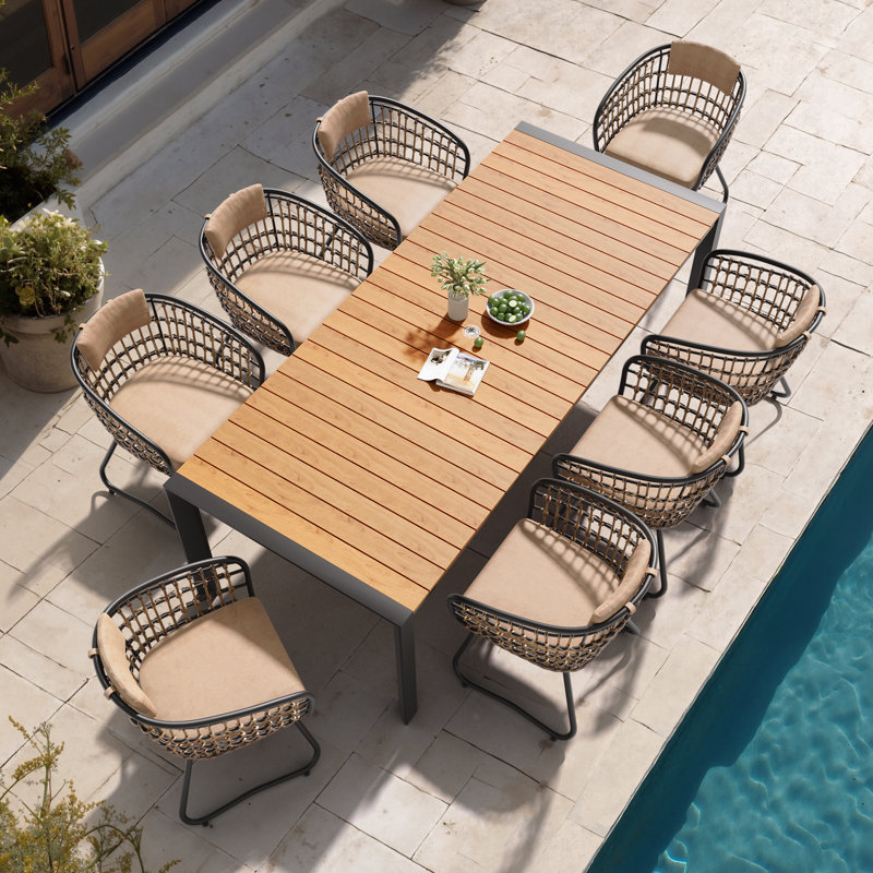 8 - Person Aluminum Patio Dining Set With Rattan Chairs And Umbrella Hole, Beige Cushion/Brown Table Top