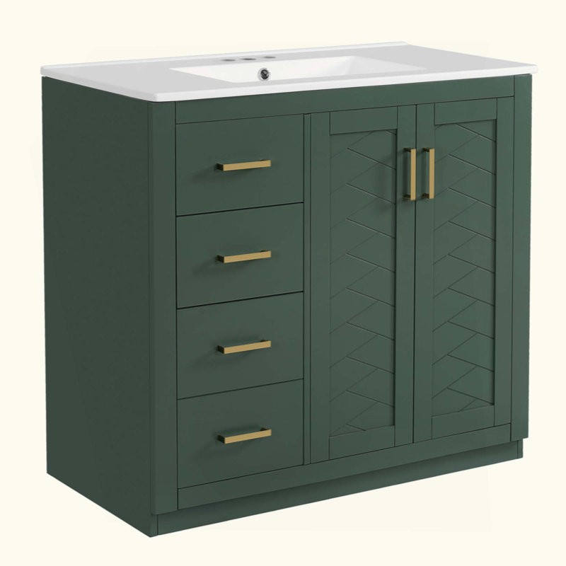 Ensemble de meuble-lavabo avec lavabo en céramique, meuble de rangement pour salle de bain avec cadre en bois massif, ensemble de meuble-lavabo autoportant avec 3 tiroirs et portes à fermeture douce