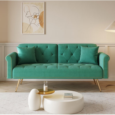 69.7-Inch-Long Sofa Bed Covered In Velvet Fabric, Featuring Nail Head Trim And Accompanied By A Matching Throw Pillow
