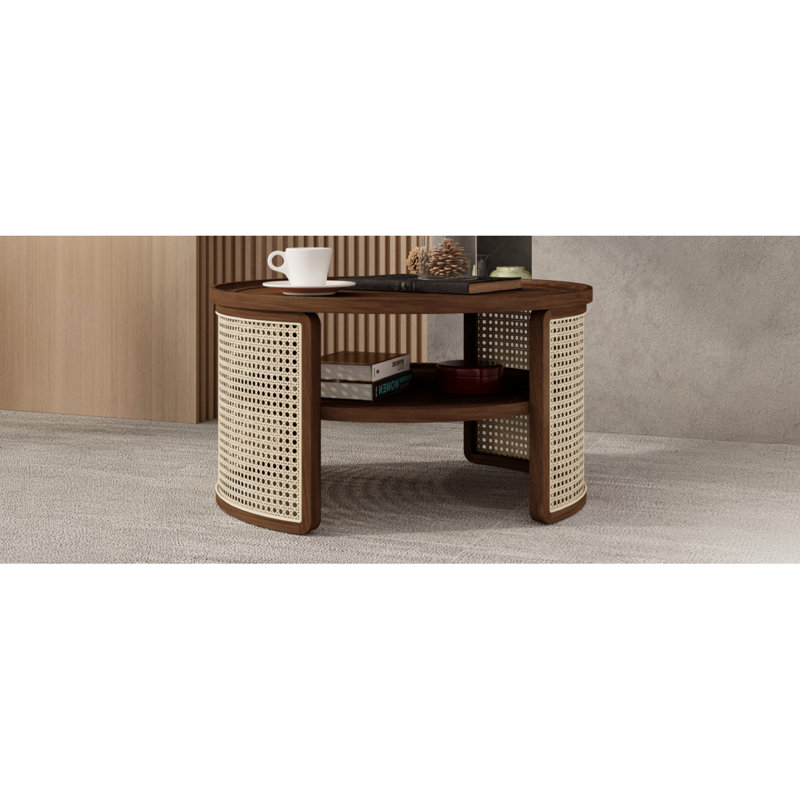 Round Rattan Coffee Table with Storage, Walnut Wood