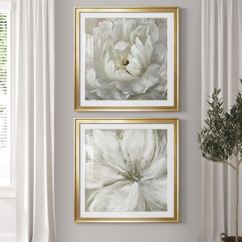 Pivoine parfaite - ensemble de 2 cadres photo sur papier, Papier encadré doré, Blanc, H 34,5 po x l 69 po x P 1,5 po