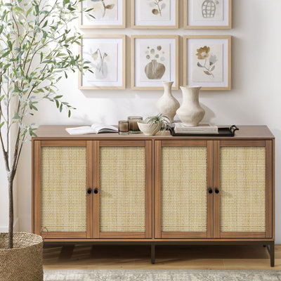 59" Walnut Rattan Buffet Sideboard with 4 Doors – Large Mid-Century Modern Storage Cabinet for Kitchen, Living & Dining Room