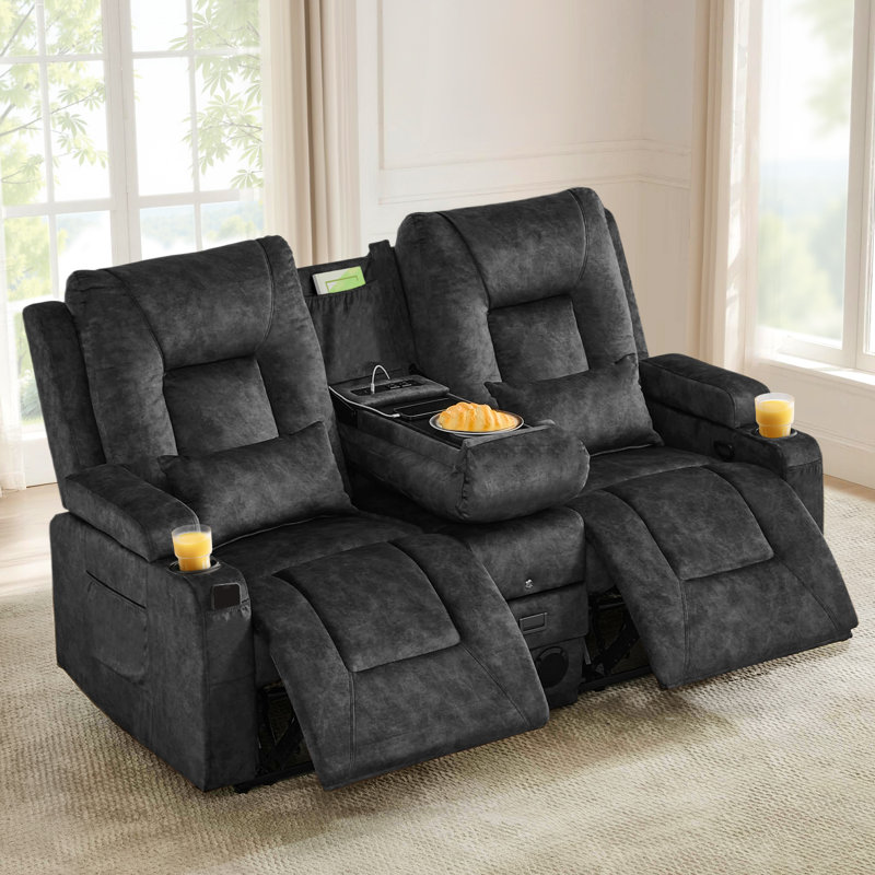 Manual Reclining Loveseat Sofa With Flip-Top Center Console, Charging Ports, Bluetooth Speakers And Cup Holders, Gray